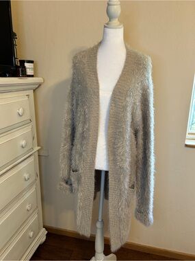 Sea Gypsies Fuzzy Open Front Cardigan Gray Wool Blend Cozy Boho | Small